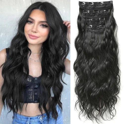 Natural Brown Hairpieces Clip in Hair Extensions Long Wave Daily