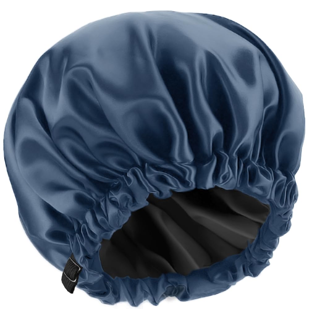 Shower Cap,100% Real Satin Lined Shower Cap,Extra Large Shower Cap for Women Reusable Waterproof,Adjustable Size&Long Hair Bath Caps