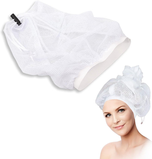 Net Plopping Cap for Drying Curly Hair, Adjustable Net Plopping Cap with Drawstring, Dry Hair Cap with Elastic Band Suitable for Different Head Sizes (White)