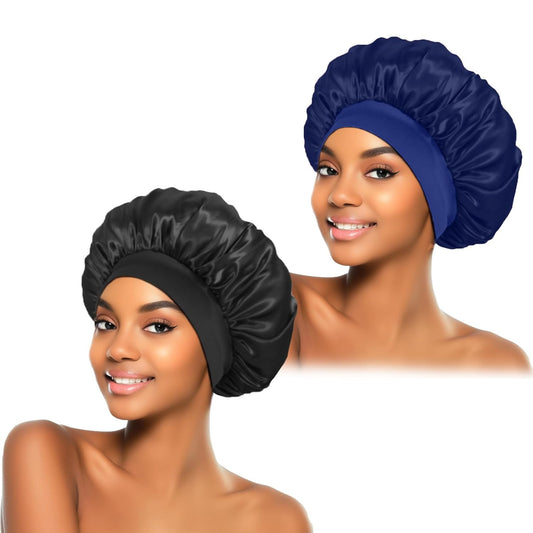 2Pcs Silk Bonnet for Sleeping, Satin Hair Bonnets, Soft Elastic Band Silk Sleep Cap, Silk Hair Wrap for Curly Hair Shower Cap (Black Navy Blue)