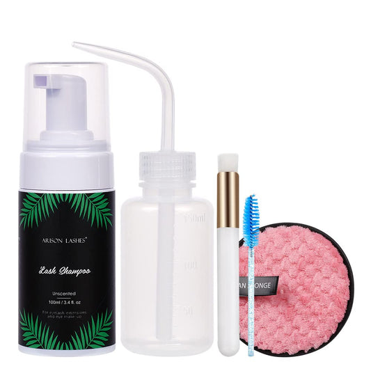 ARISON LASHES 100ml/3.38Oz Eyelash Extension Cleanser Kit Lash Mousse Lash Shampoo for Extensions with Mascara Brush Wash Bottle Reusable Makeup Remover Pad(kt-100ml-Unscente)