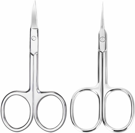 2 Pack Cuticle Scissors and Grooming Scissors Extra Fine for Manicure and Pedicure, Curved Blade Precise Pointed Tip Grooming Kit for Eyebrow, Eyelash, Trim Nail and Dry Skin