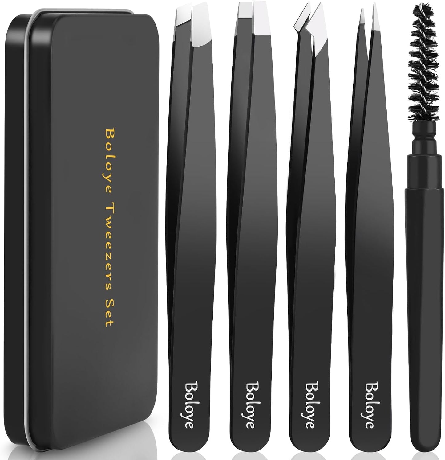 Tweezers Set, 4Pcs Eyebrow Tweezers and an Eyebrow Brush with an Metal Case, Professional Stainless Steel for Men & Women, Precision for Facial Hair, Splinter and Ingrown Hair Removal