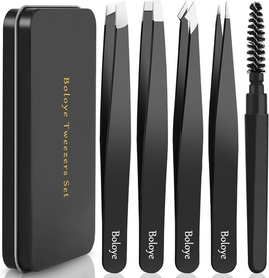 Tweezers Set, 4Pcs Eyebrow Tweezers and an Eyebrow Brush with an Metal Case, Professional Stainless Steel for Men & Women, Precision for Facial Hair, Splinter and Ingrown Hair Removal