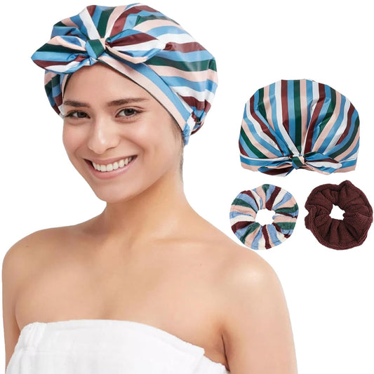 Reusable Shower Caps for Women, Hair Shower Cap, Shower Cap Waterproof, Bathing Caps for Women,Shower Hat and Hair Drying Scrunchies Gift Set for Girls
