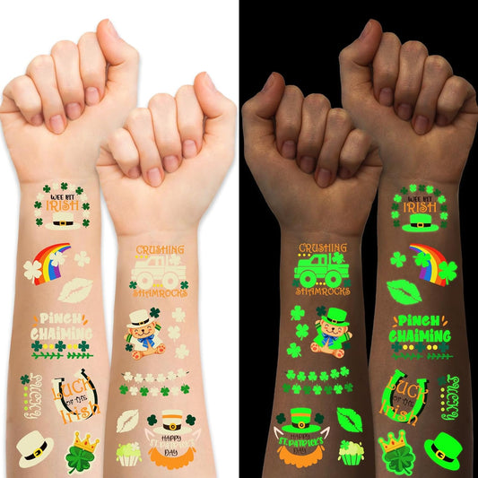 36 Sheets St Patricks Day Luminous Temporary Tattoos for Women Men Kids, Green Shamrock St. Patrick's Day Fake Tattoos for Boy Girl Adult, Glow in Dark Irish Parade & Party Favor Supply Decoration