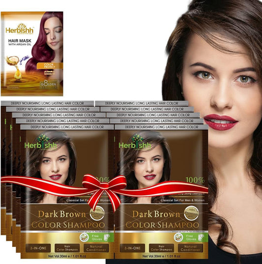 Herbishh Hair Color Shampoo for Gray Hair–Natural Hair Dye Shampoo with Argan Hair Mask–Travel size-Colors Hair in Minutes–Long lasting colour–10pack+1pack–Ammonia-Free (Dark Brown)