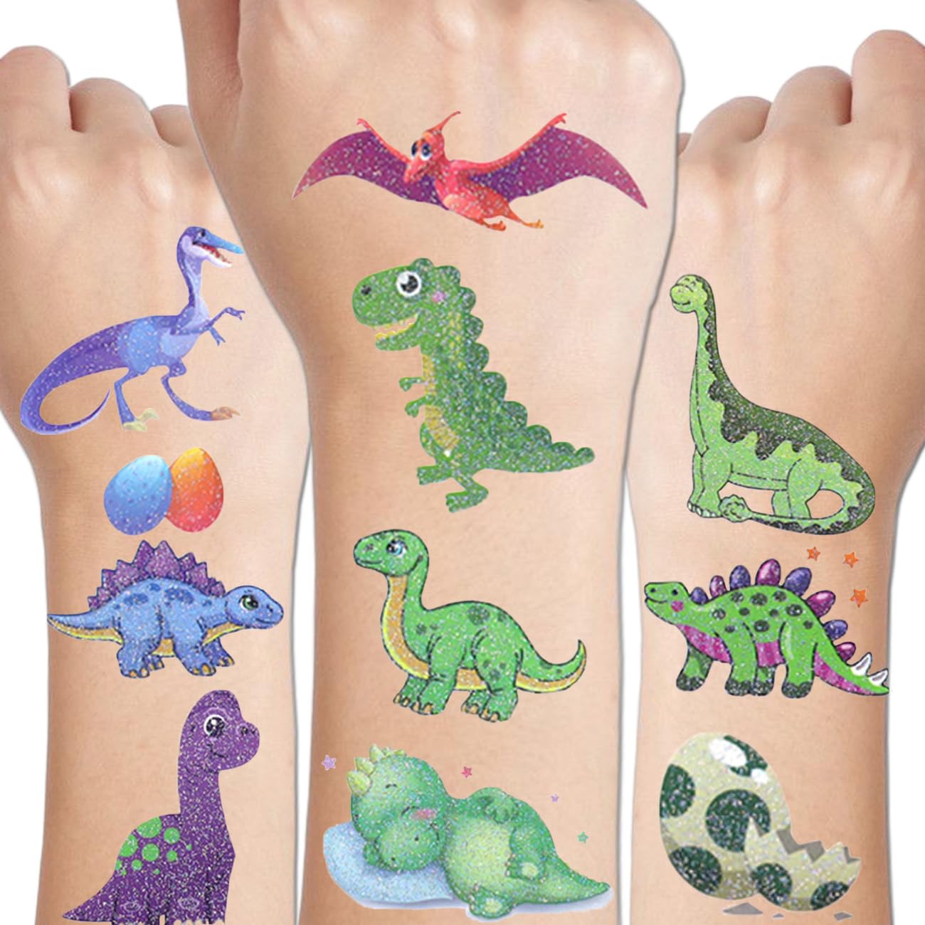 110 Glitter Styles Dinosaur Temporary Tattoos for Kids - 14 Sheets Glitter Dinosaur Tattoos for Boys Girls Dino Birthday Party Favors Goodie Bag Fillers