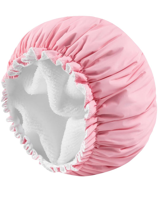 Shower Caps for Women, Terry Lined Shower Cap Reusable Waterproof, Bathing Shower Caps, Double Waterproof Large Shower Cap, Shower Caps for all Hair Types (pink)