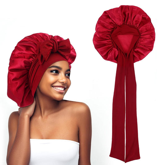 Silk Sleep Bonnets for Women, 1PC Satin Night Cap Soft Elastic Band Silk Bonnets for Sleeping, Hair Bonnet for Curly Braid Wine Red