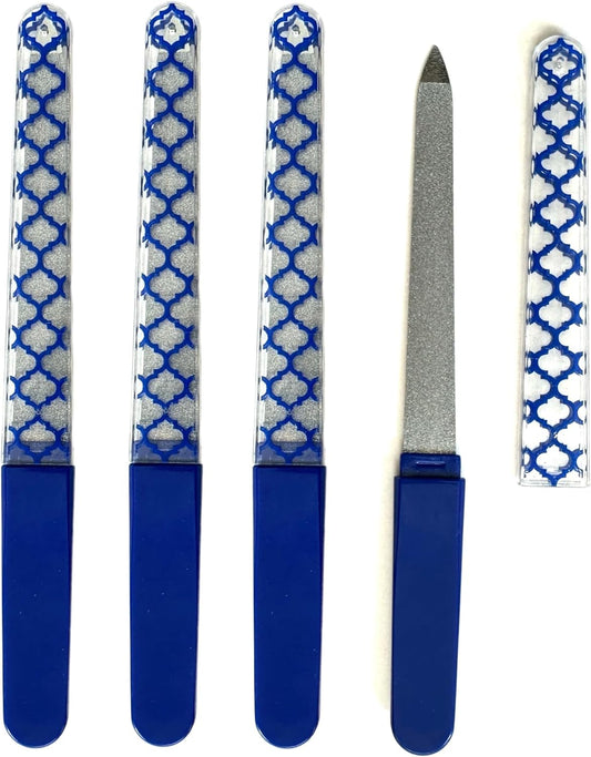 4 Premium Diamond Steel Double Sided (Fine & Medium) Sword File Sapphire Grit Nail File Manicure Pedicure Grooming Buffing Tool PRO DIY Natural Gel Acrylic Fingers Toenails Beautiful Protective Cover