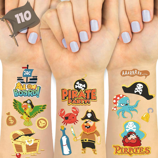 Pirate Temporary Tattoo - 110 Glitter Style Fake Tattoos for Kids Pirate Party Supplies Body Face Sticker with Jake Captain Skull Crew Flags Treasure Ship, Fit Boys Girls Nautical Birthday Party Favor