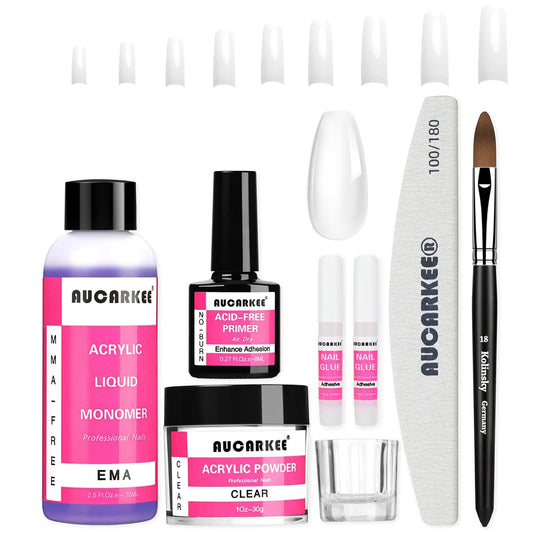 Acrylic Nail Kit with Primer, 1oz Clear Acrylic Powder and 2.5 Fl.oz EMA Liquid Monomer Set for Beginners with Kolinsky Brush Nail Glue Tips for Nail Extension Carving Rhinestone Adhesive
