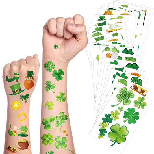 JUNEBRUSHS St. Patrick's Day Shamrock Temporary Tattoos, 20 Sheets Shamrock Kid Tattoo Stickers Makeup Tattoos for St. Patrick's Day Gift Filler Boys Girls Party Favors Clover Decorations