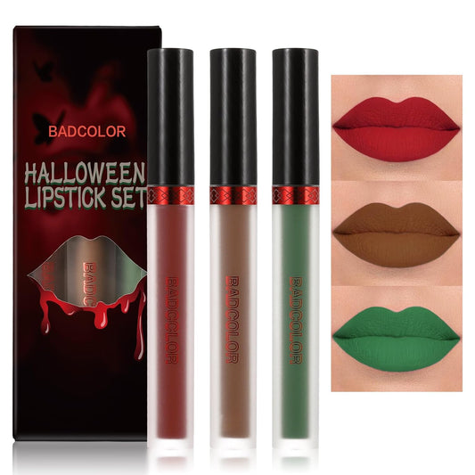 3 Colors Matte Liquid Lipstick Set, 24-Hour Smudge Proof Permanent Dark Lipstick Waterproof Velvet Nonstick Cup Stain Lip Gloss Set, Halloween Makeup Lip Gloss Gift - Green, Vampire, Brown