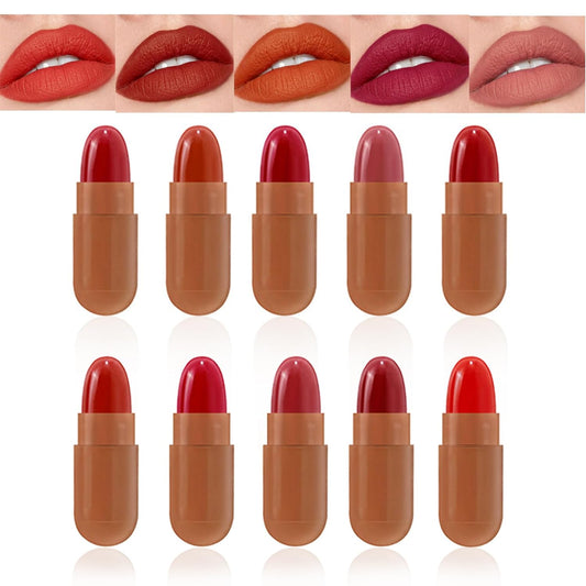 Mini Lipstick Set,10 Colors Capsules Matte Pill Shaped Lipstick, Waterproof Long Lasting Deep Red Matte Small Magic Permanent Velvet Lipstick Set for Women(A)