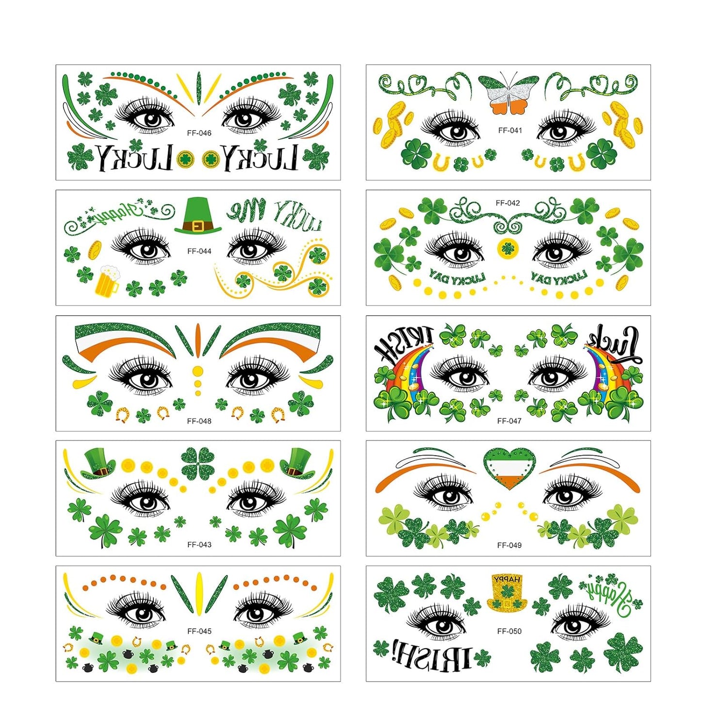 10 Sheets St.Patrick's Day Face Decorations Temporary Tattoos Eye Stickers Clover Themed Face Stickers Green Shamrock Fake Tattoos Party Supplies (St.Patrick's Day)