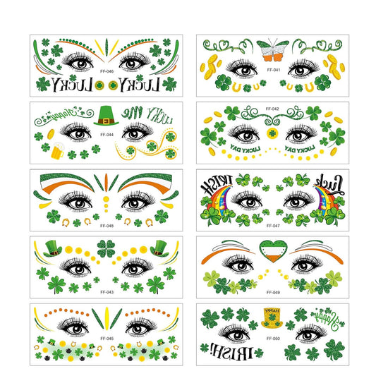 10 Sheets St.Patrick's Day Face Decorations Temporary Tattoos Eye Stickers Clover Themed Face Stickers Green Shamrock Fake Tattoos Party Supplies (St.Patrick's Day)