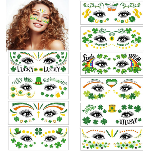 10 Sheets St. Patrick's Day Temporary Tattoos Green Shamrock Tattoo Stickers St. Patrick's Day Face Tattoos Irish Tattoos for St Patricks Day Decorations Party Favors