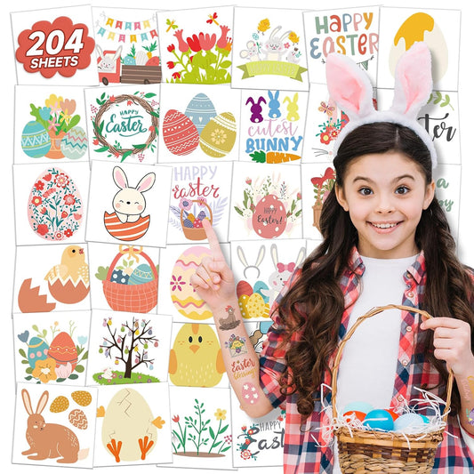 204 Sheets Easter Tattoos for Kids Bulk, Individually Wrapped Easter Temporary Tattoos Stickers for Kids Boys Girls, Easter Egg Fillers Party Favors Supplies