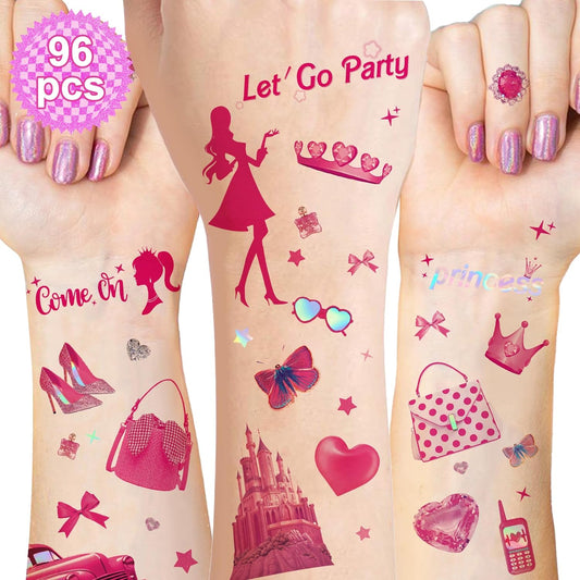 96Pcs Glitter Pink Temporary Tattoos -Pink Birthday Party Supplies for Cute Waterproof Princess Fairy Tattoos for Birthday Party Favors