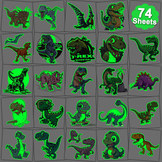 Glow in The Dark Dinosaur Temporary Tattoos for Kids - 74 Individually Sheets Luminous Dinosaur Tattoos for Boys Birthday Party Favors Goodie Bag Fillers
