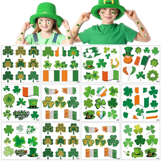 12 Sheets St. Patrick's Day Glitter Tattoos for Kids Adults, St Patricks Day Party Supplies Lucky Flash Green Shamrock Face Stickers Irish Flag St Patricks Day Decorations