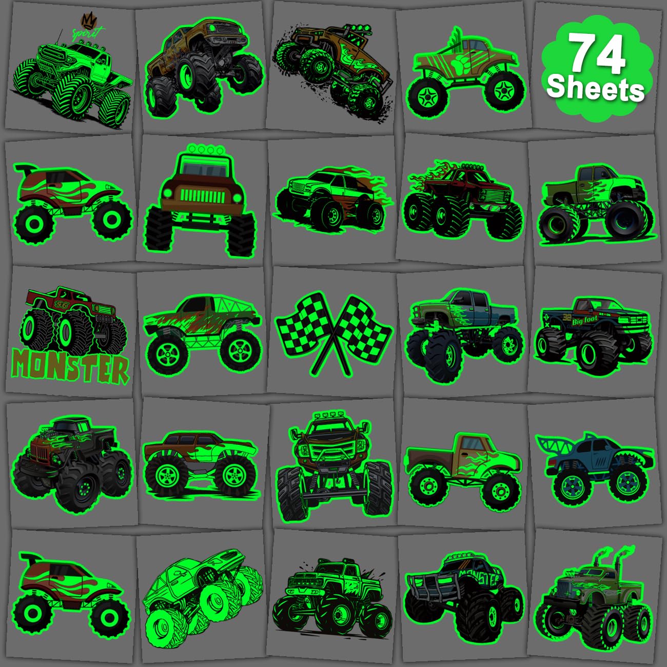 Glow in The Dark Monster Truck Temporary Tattoos for Kids Party Supplies - 74 Individually Sheets Luminous Monster Truck Tattoos for Boys Birthday Party Favors Goodie Bag Fillers