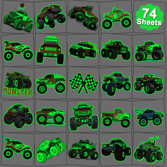Glow in The Dark Monster Truck Temporary Tattoos for Kids Party Supplies - 74 Individually Sheets Luminous Monster Truck Tattoos for Boys Birthday Party Favors Goodie Bag Fillers