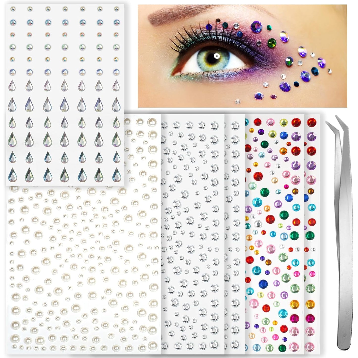 Face Gems Face Rhinestones for Makeup Self Adhesive Face Jewels, Hair Gems, Hair Jewels, Pearl Stick On Eye gems Pearl Rhinestones Stickers for Face, Hair, Nail, Body, Craft DIY Decorations