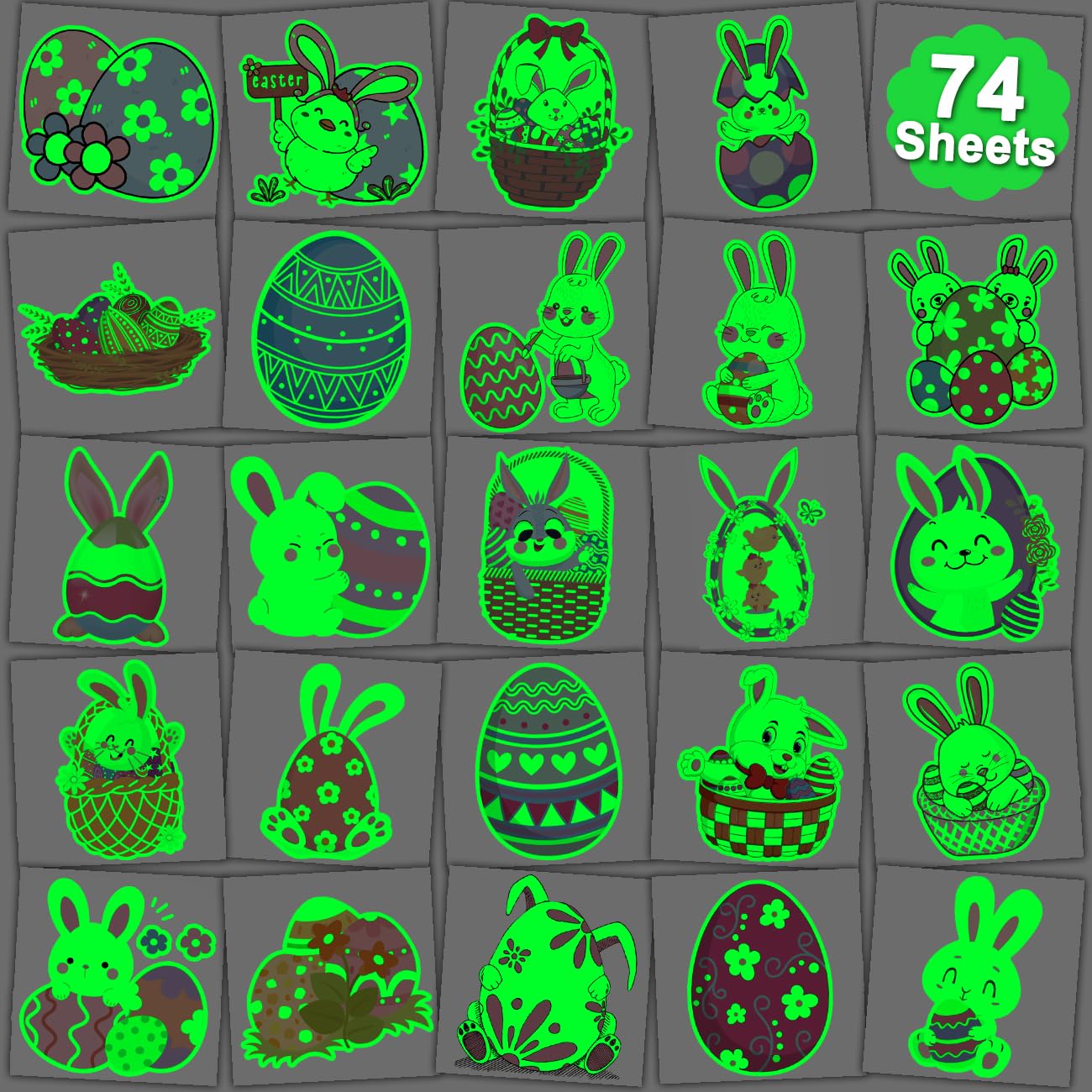Glow in The Dark Easter Temporary Tattoos for Kids - 74 Individually Sheets Luminous Easter Egg Bunny Tattoos for Boys Girls Party Favors Goodie Bag Fillers