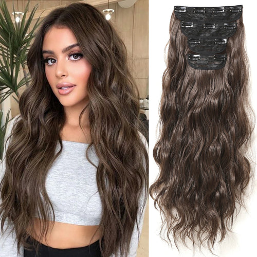 Natural Brown Hairpieces Clip in Hair Extensions Long Wave Daily