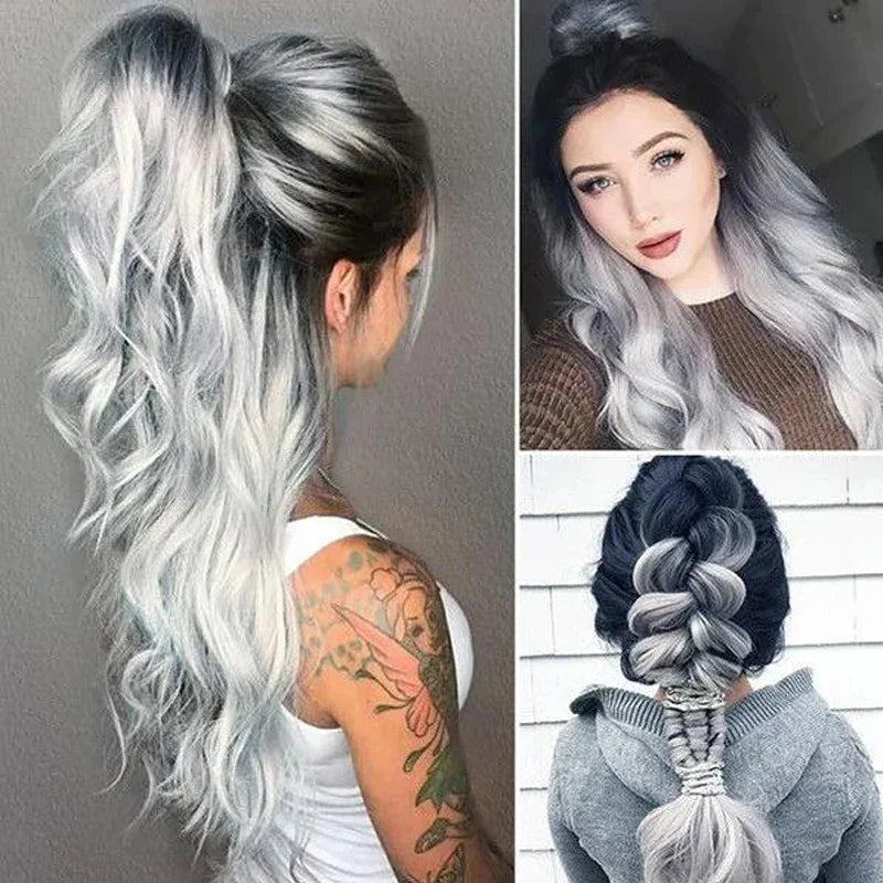 White Grey Gradient Silver Wig Heat Resistant Synthetic Hair Long Wavy