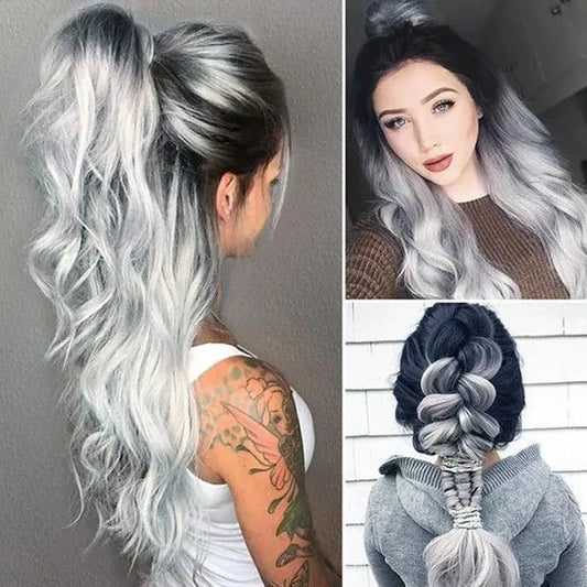 White Grey Gradient Silver Wig Heat Resistant Synthetic Hair Long Wavy