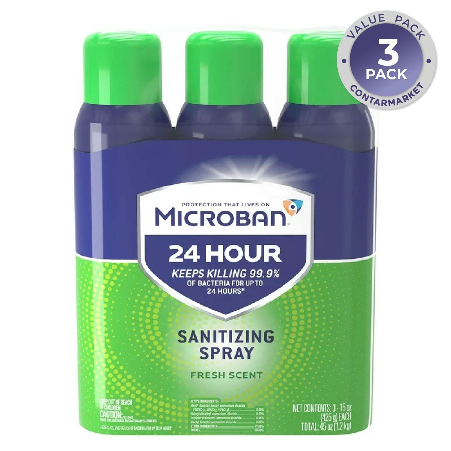 Microban 24-Hours Sanitizing Spray, Fresh Scent - 15 Oz - 3 Pack